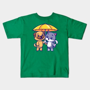 Cute Pug Dog And Cat Standing Under Umbrella Cartoon Kids T-Shirt